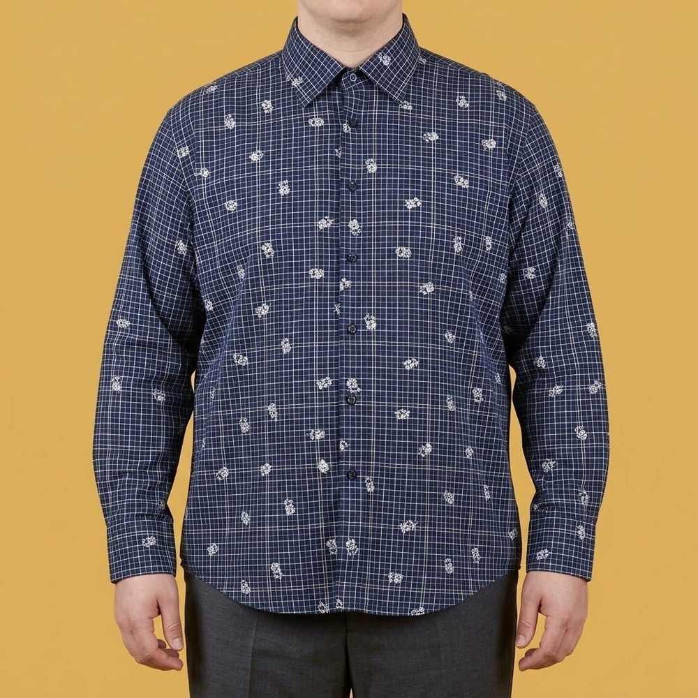 Ben Sherman Black Label XL Navy Grid Floral Long Sleeve Button Down Shirt